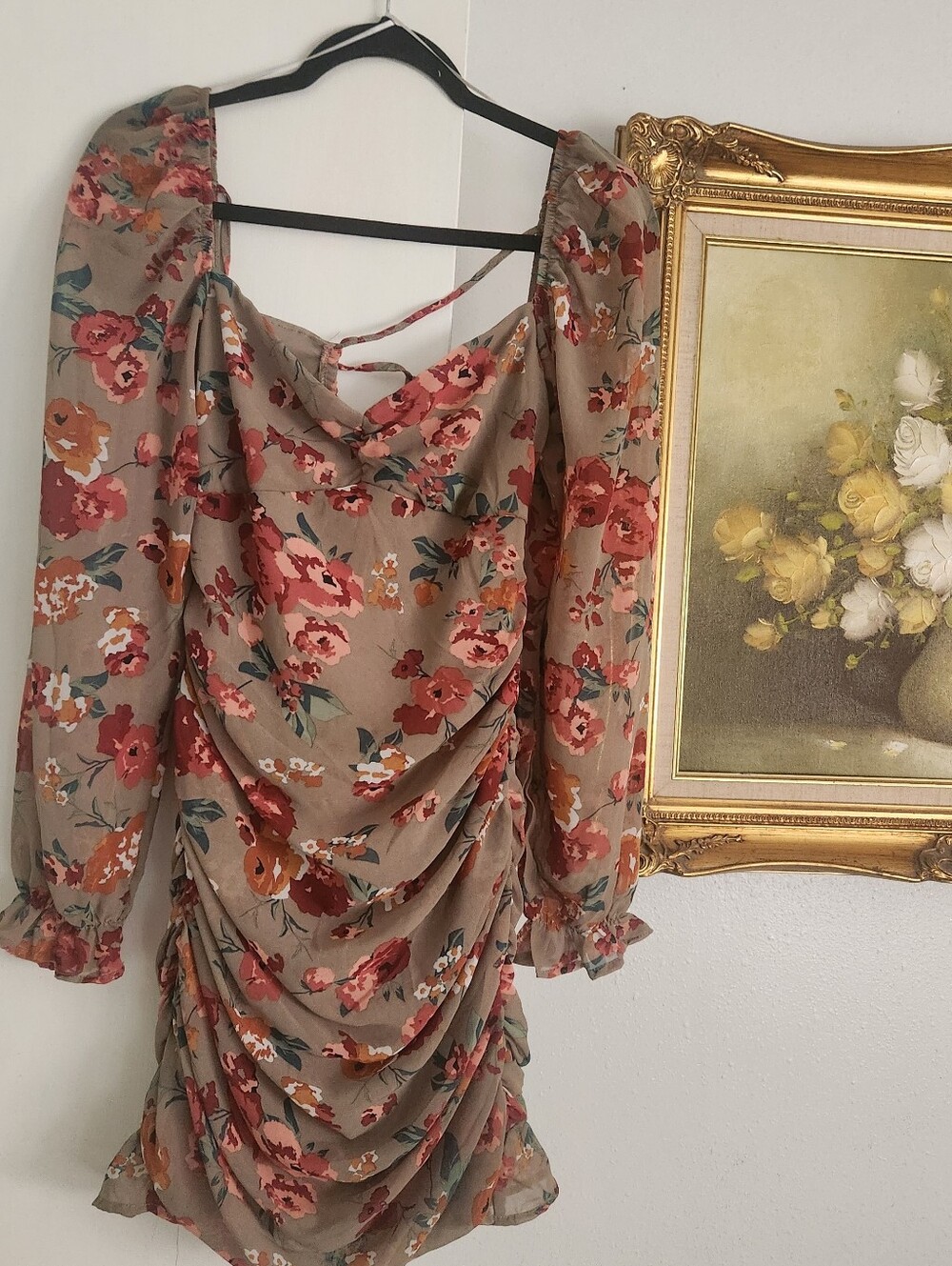 Revamper Floral Ruched Long-Sleeve Mini Dress - Taupe Multi